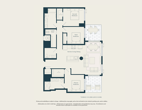 Floor plan for 3 beds, 2.5 baths, 1373 sqft